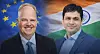 Two men in suits (Sachin Tikekar, President & Joint Managing Director of KPIT (right), and Franz Josef Schürmann, President & Managing Director – Europe at KPIT) stand before EU and Indian flags in a composite image.