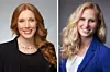 Two women in business jackets pose in separate studio portraits side by side.