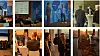 Collage showing conference talks, networking and food at a corporate event in a high-rise venue.