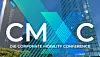 Corporate Mobility Conference text and logo over a tall glass office building.