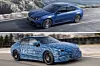 Blue BMW i5 and camouflaged BMW i5 prototype driving on separate roads