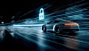 Sports car driving through blue light trails with a glowing padlock icon overhead