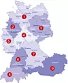 Deutschlandkarte mit neun roten nummerierten Markierungen und hervorgehobenen Regionen.