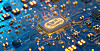 Glowing chip with an electric car symbol on a blue circuit board.