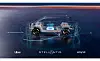 Futuristic transparent concept car displayed on a dark stage with Uber, Stellantis and Wayve logos.