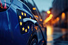 Close-up of an electric car charging on a city street at dusk.