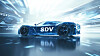 Blue concept sports car with SDV branding in a futuristic motion-blur studio setting.