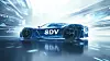 Blue concept sports car with SDV branding in a futuristic motion-blur studio setting.