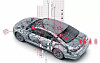 Diagram of a car with digital network overlays and warning icons on a white background.
