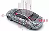 Diagram of a car with digital network overlays and warning icons on a white background.