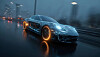 Blue electric sports car driving on a wet road in foggy city conditions.