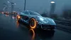 Blue electric sports car driving on a wet road in foggy city conditions.