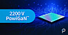 Blue graphic showing a 2200 V PowiGaN power device beside a glowing chip on a circuit-board background.