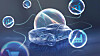 A concept electric car under a dome with floating digital icons around it.